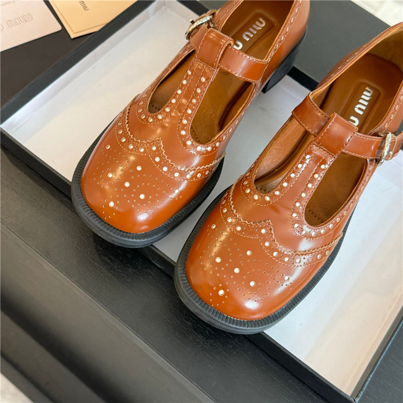 Miu Miu Tobacco Ivory Brushed Leather T-Strap Brogue Shoes