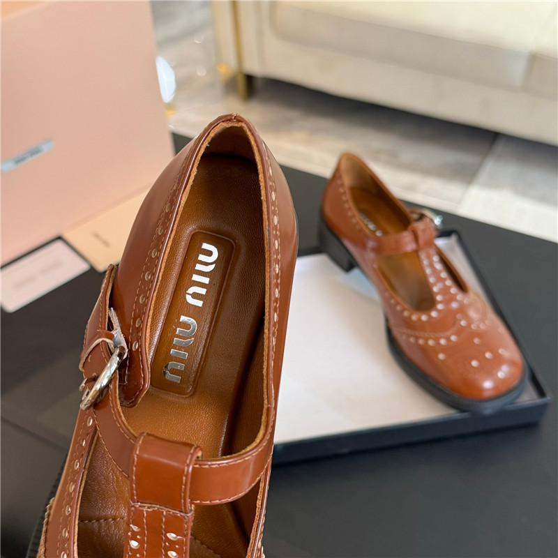 Miu Miu Tobacco Ivory Brushed Leather T-Strap Brogue Shoes