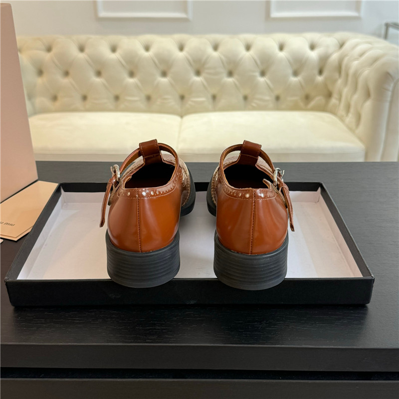 Miu Miu Tobacco Ivory Brushed Leather T-Strap Brogue Shoes