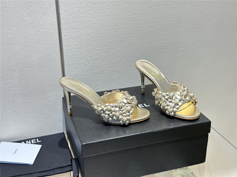 Ch**el camellia heel mules gold leather