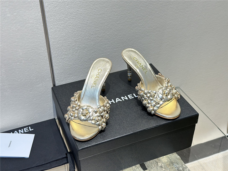Ch**el camellia heel mules gold leather