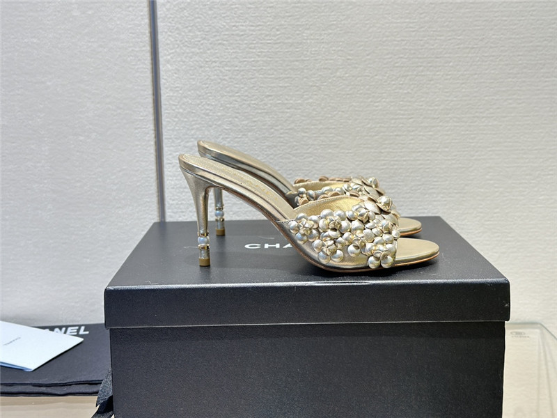 Ch**el camellia heel mules gold leather