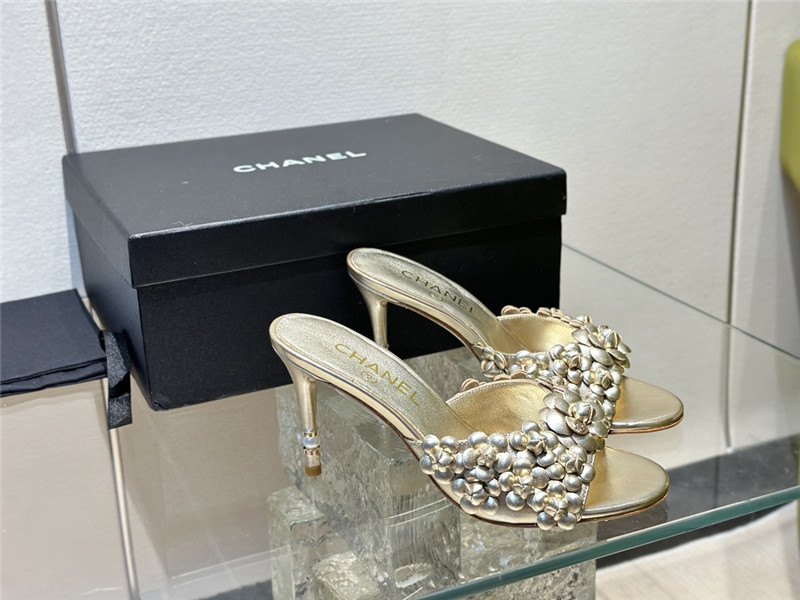 Ch**el camellia heel mules gold leather