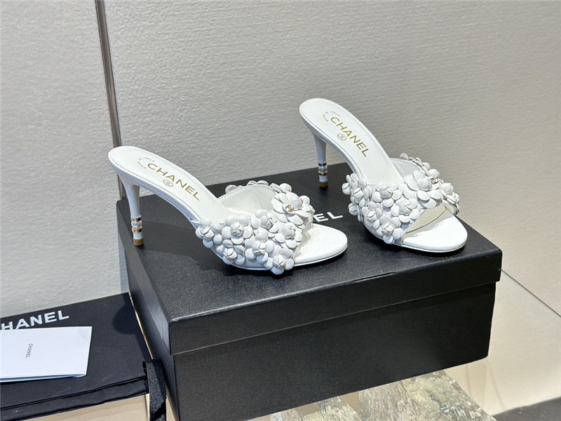 Ch**el camellia heel mules white leather