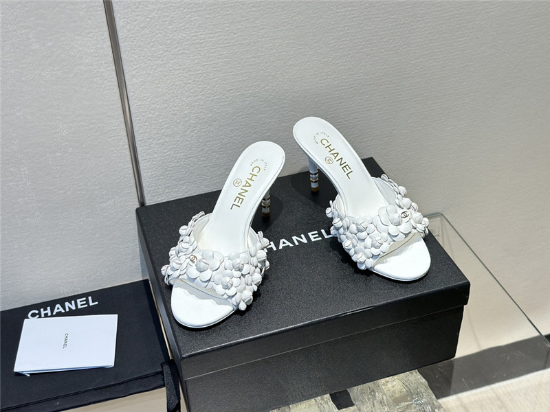 Ch**el camellia heel mules white leather