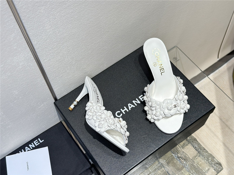 Ch**el camellia heel mules white leather