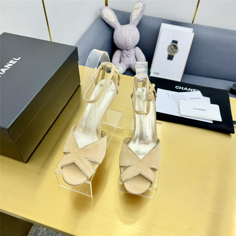 Ch**el butterfly ankle strap open toe pumps beige suede