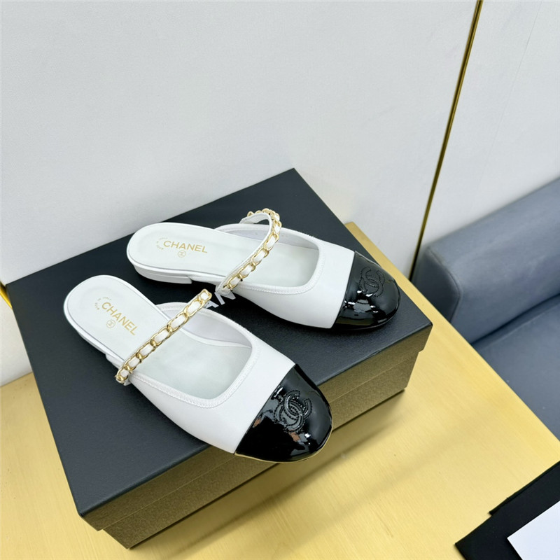 Ch**el mary janes chain flat mules white and black