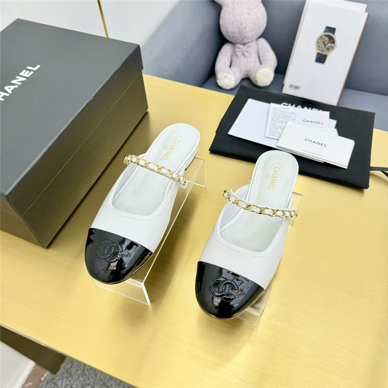 Ch**el mary janes chain flat mules white and black