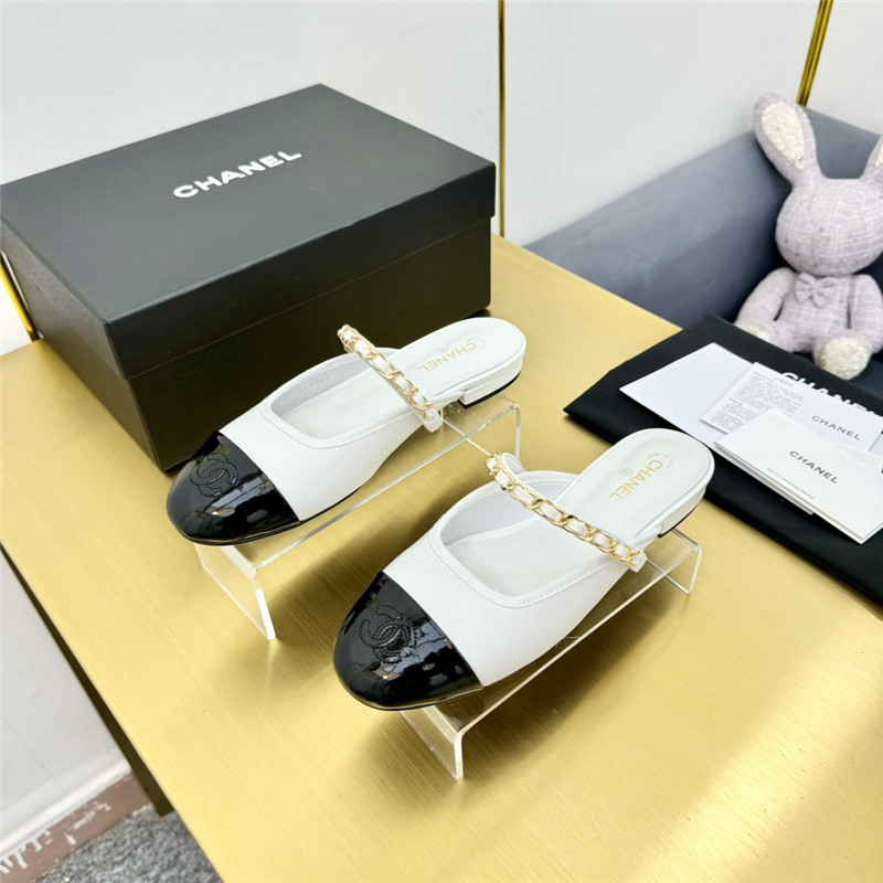 Ch**el mary janes chain flat mules white and black