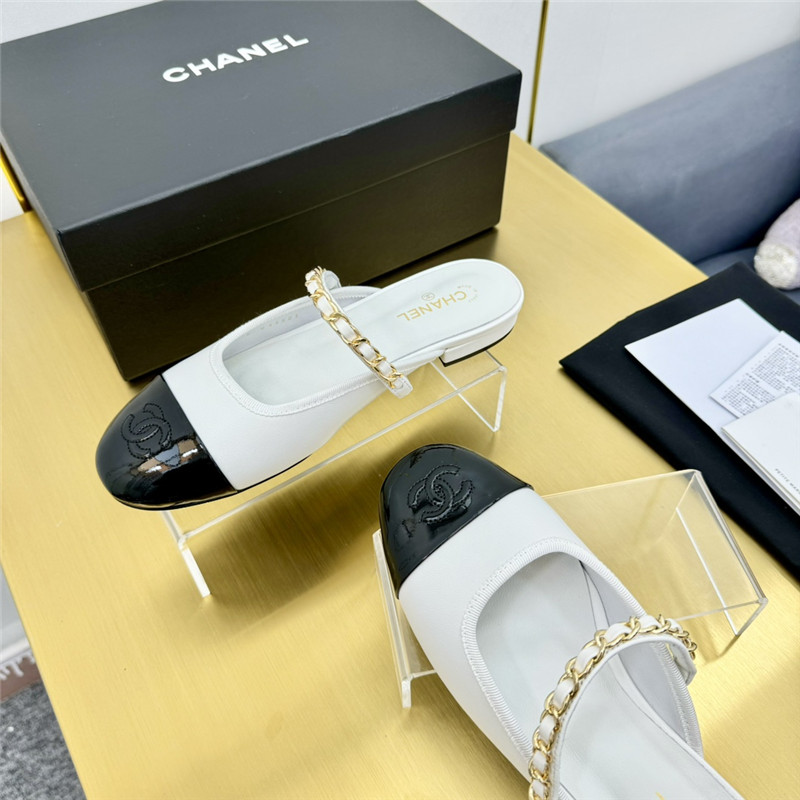 Ch**el mary janes chain flat mules white and black