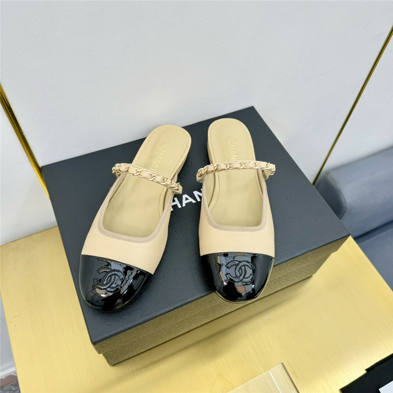Ch**el mary janes chain flat mules beige and black
