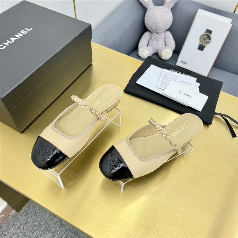 Ch**el mary janes chain flat mules beige and black