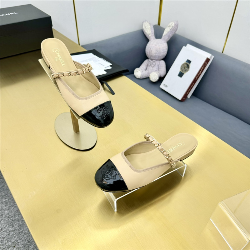 Ch**el mary janes chain flat mules beige and black