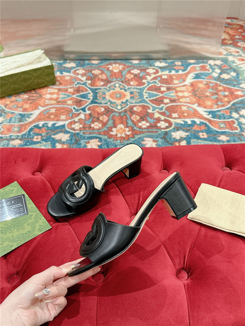 Gvc*1 interlocking g black mid-heel slide sandals