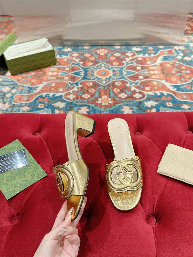 Gvc*1 gold interlocking g mid-heel slide sandals