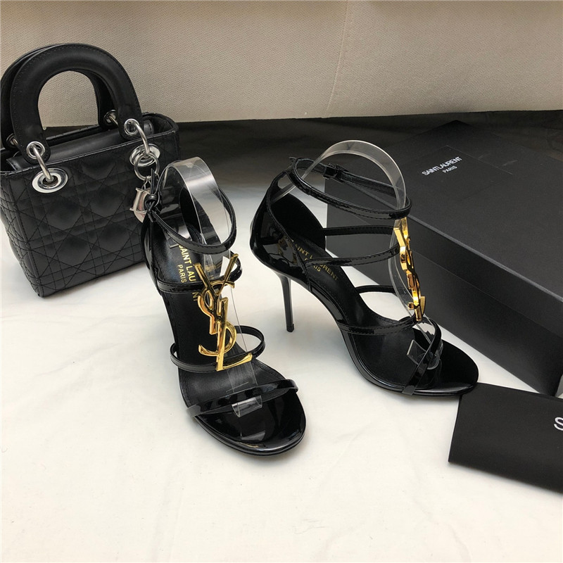 Sa1nt Lau*nt cassandra black and gold patent heels sandals