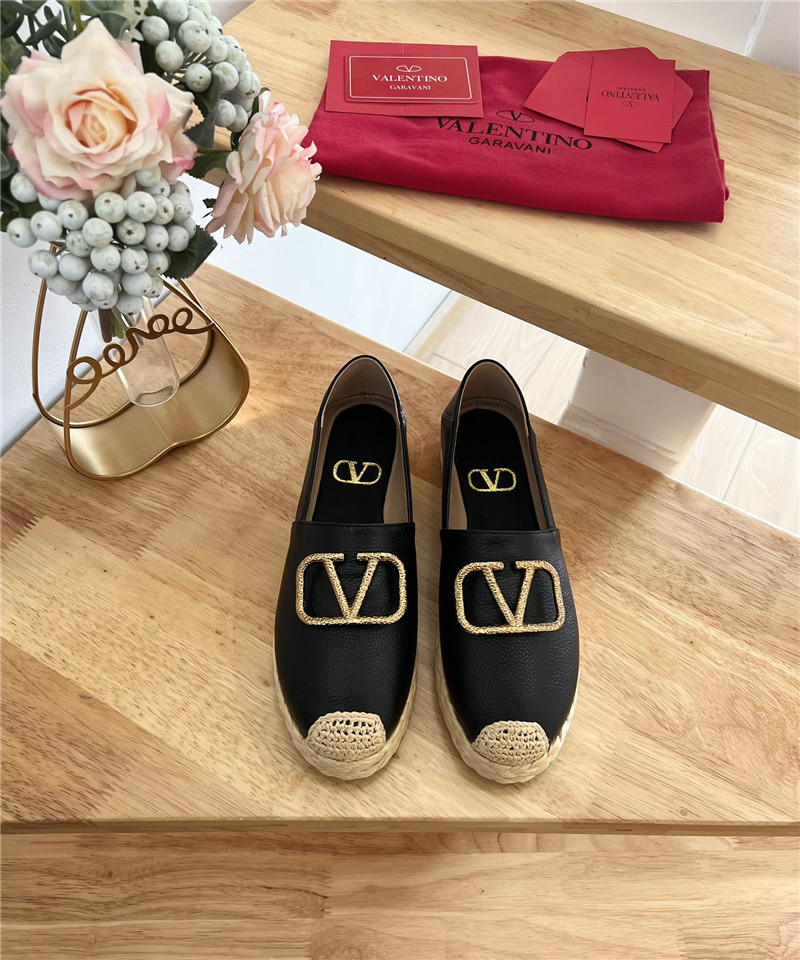 Va1e*ntin0 vlogo calfskin raffia espadrilles gold and black