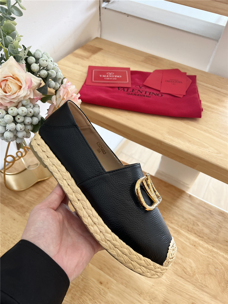 Va1e*ntin0 vlogo calfskin raffia espadrilles gold and black