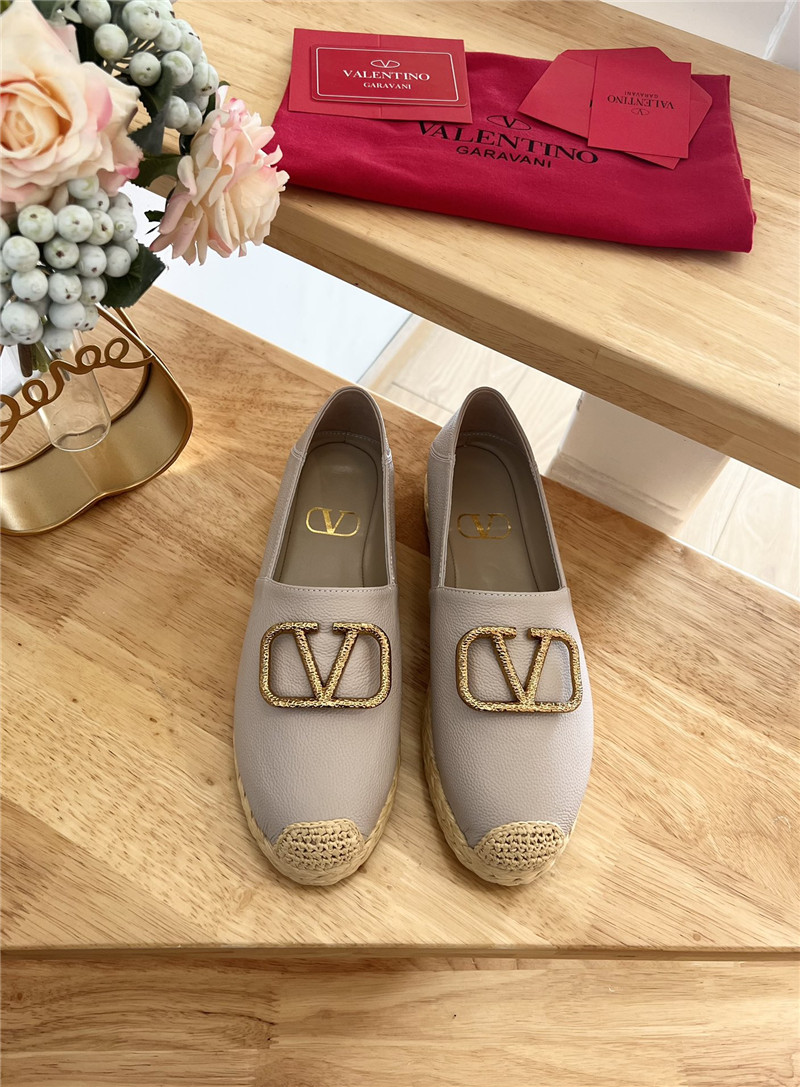Va1e*ntin0 vlogo calfskin raffia espadrilles gold and grey