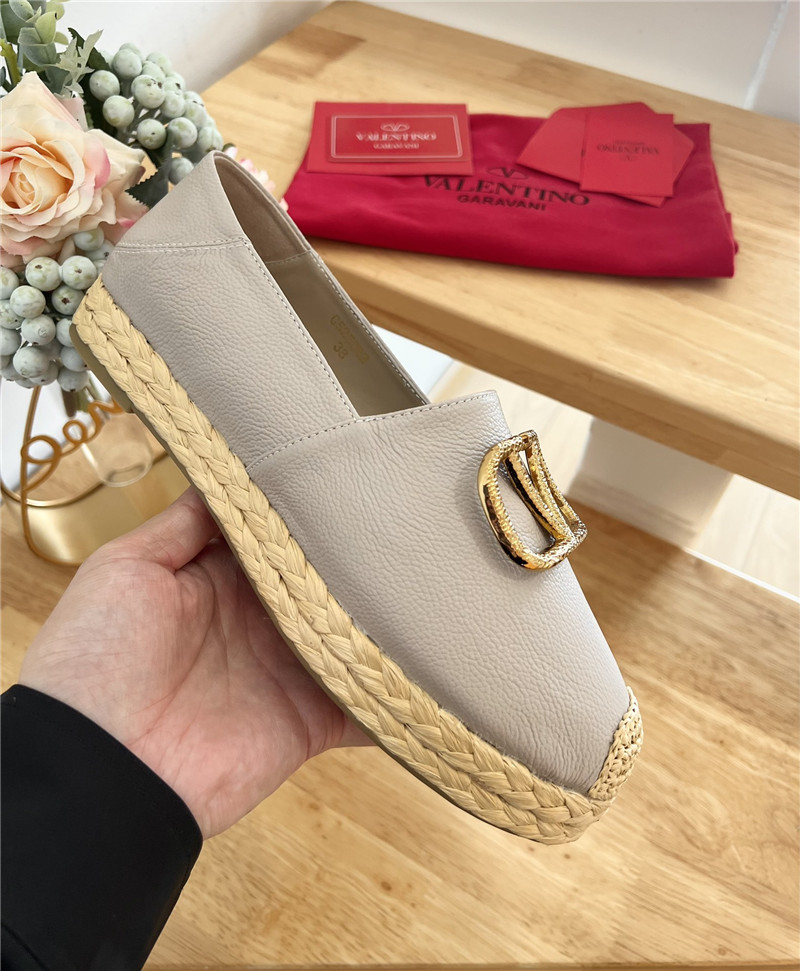 Va1e*ntin0 vlogo calfskin raffia espadrilles gold and grey