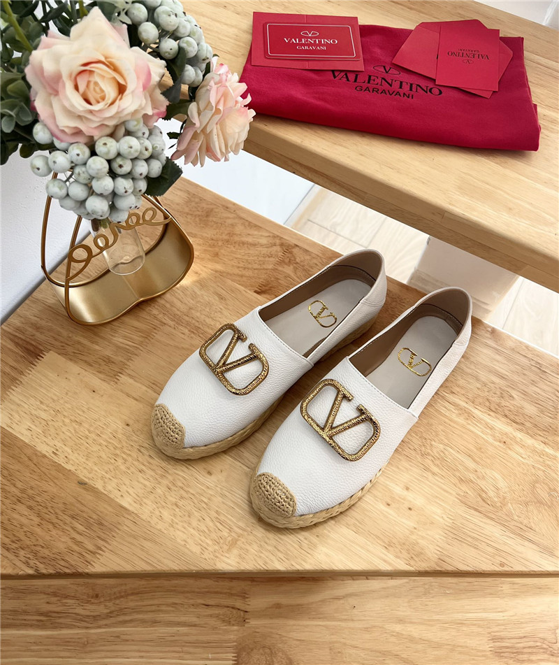 Va1e*ntin0 vlogo calfskin raffia espadrilles gold and  white