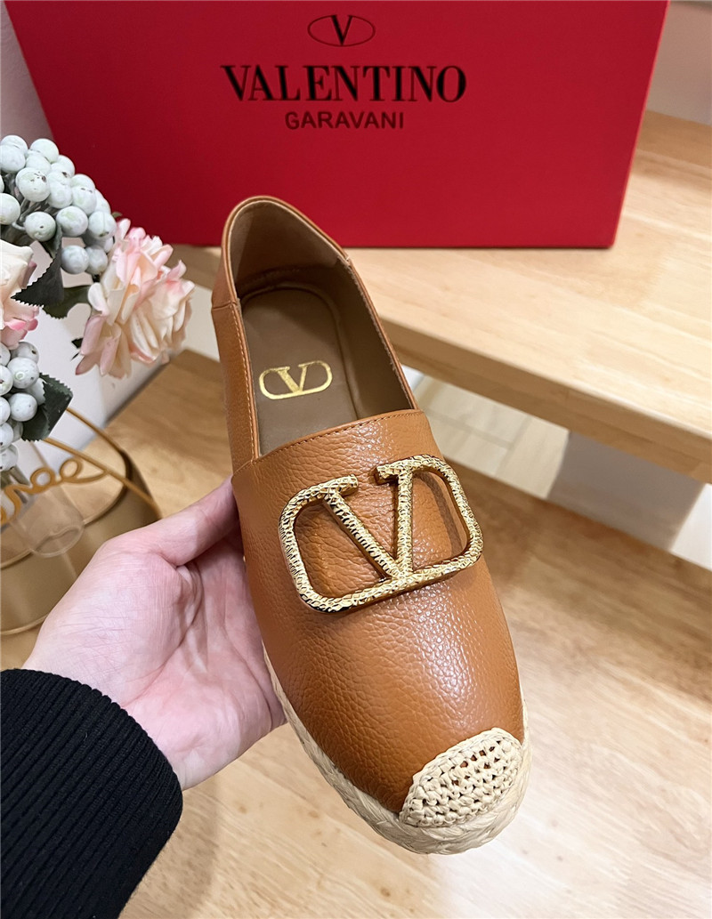Va1e*ntin0 vlogo calfskin raffia espadrilles gold and brown