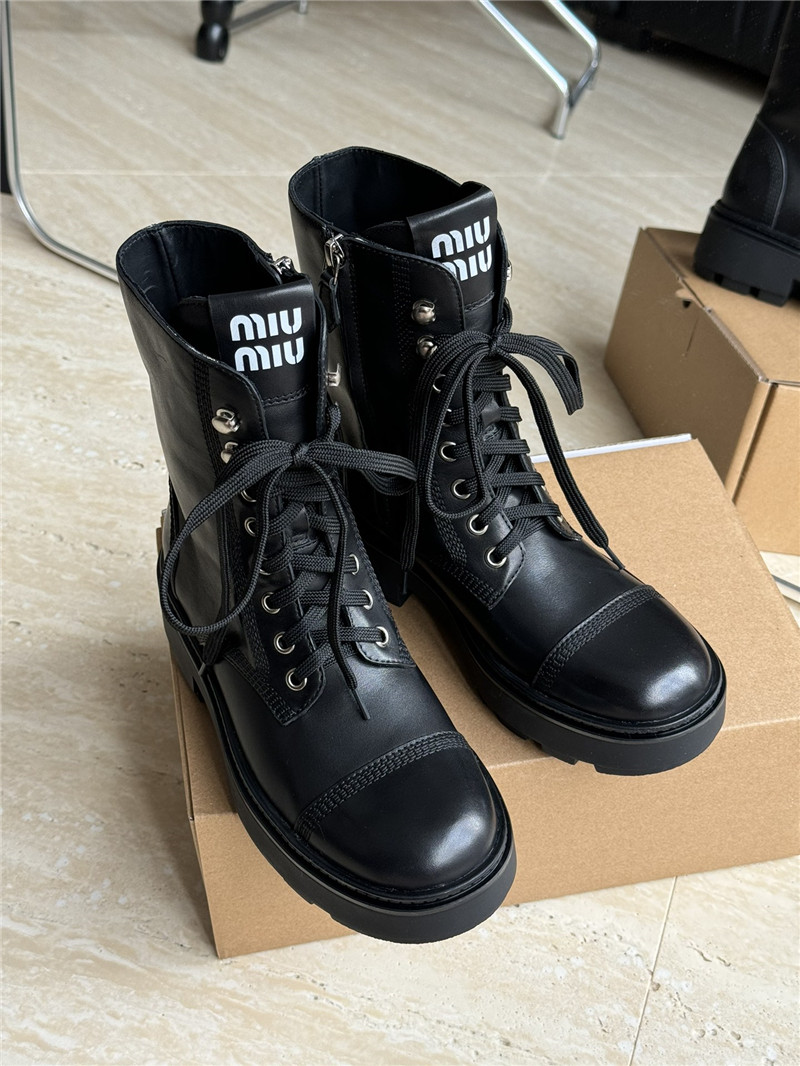 Miu Miu Leather Lace-Up Boot in Black