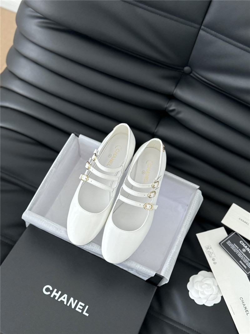 Ch**el white patent leather 3-strap mary jane shoes