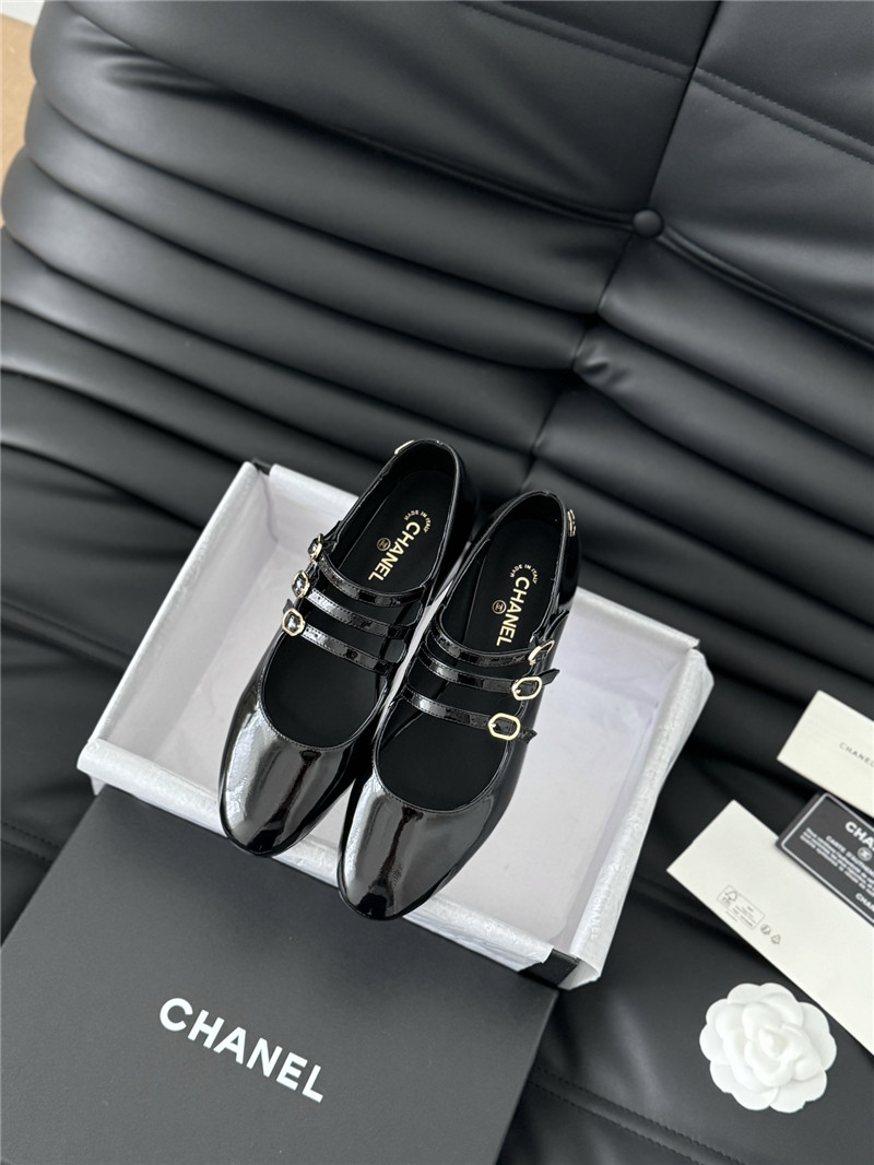 Ch**el black patent leather 3-strap mary jane shoes