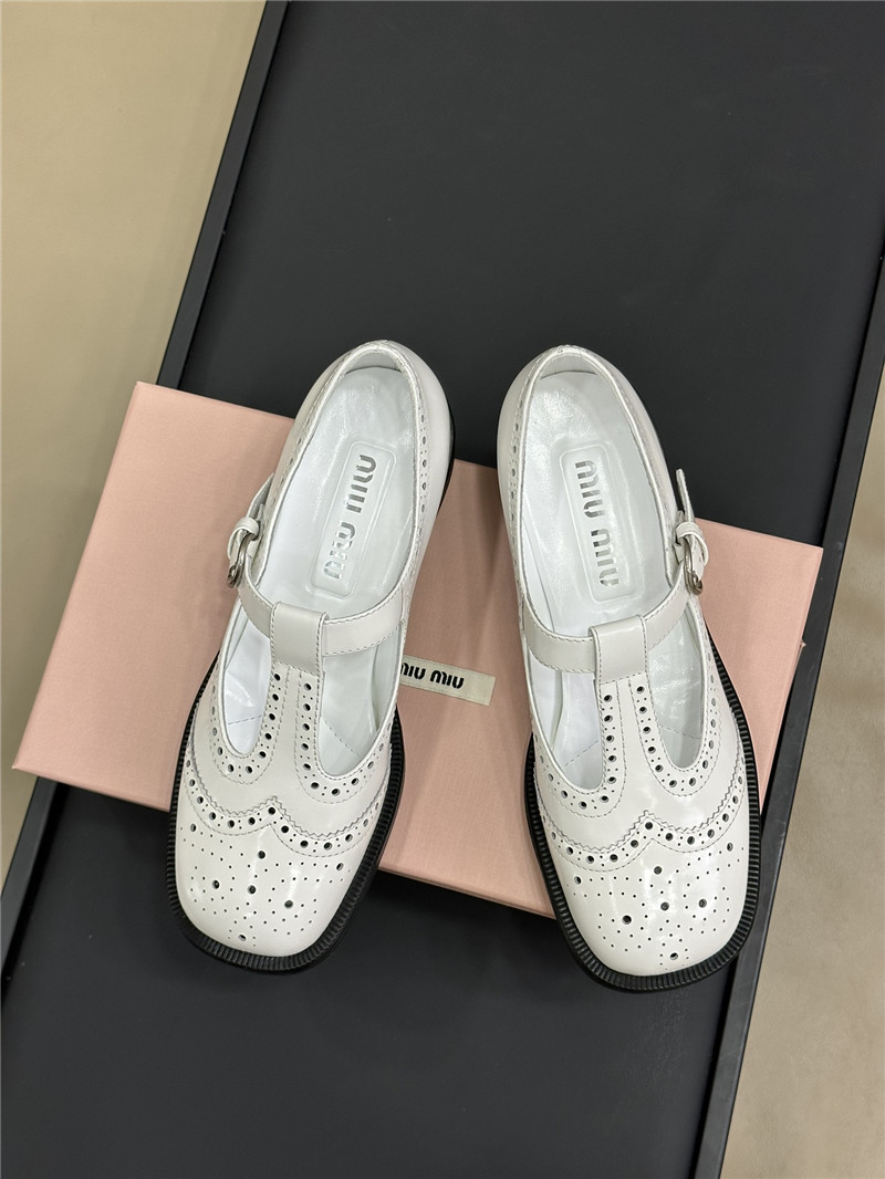 Miu Miu Brushed Leather T-Strap Brogue Shoes White