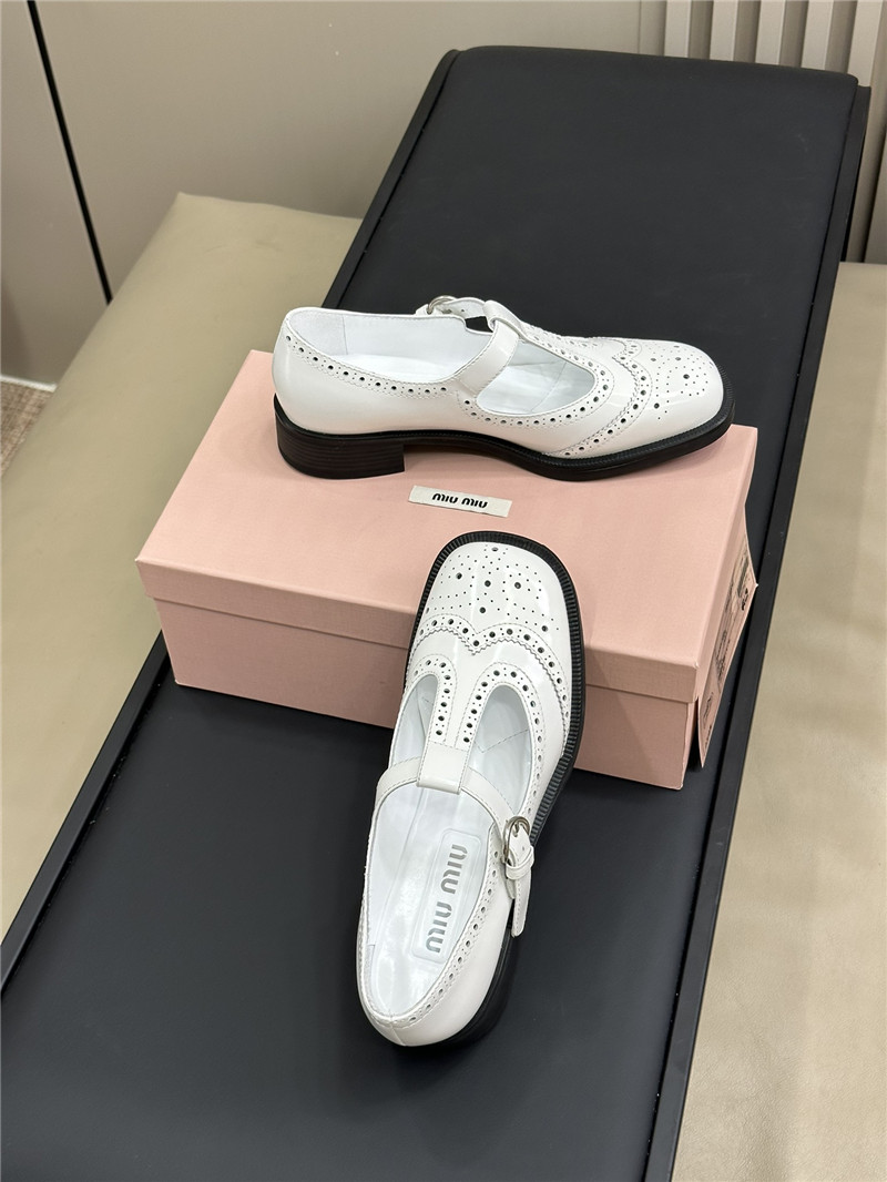 Miu Miu Brushed Leather T-Strap Brogue Shoes White
