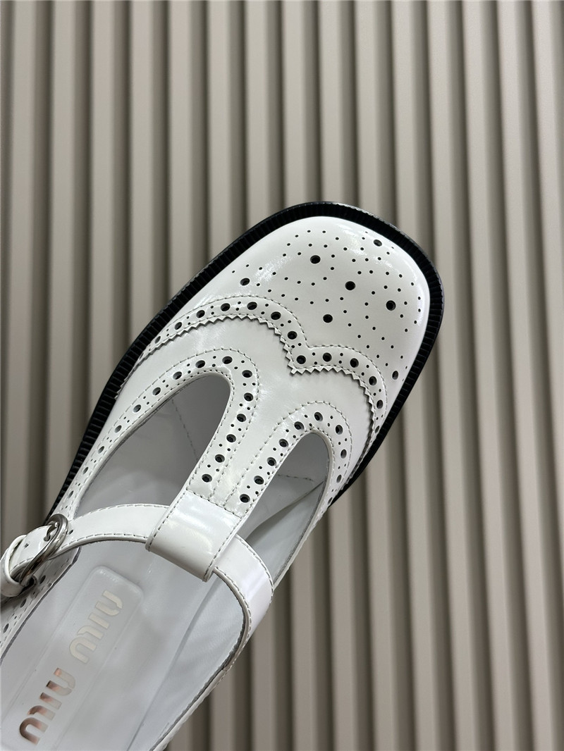 Miu Miu Brushed Leather T-Strap Brogue Shoes White