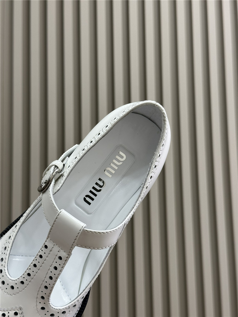 Miu Miu Brushed Leather T-Strap Brogue Shoes White