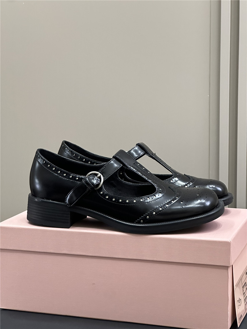 Miu Miu Brushed Leather T-Strap Brogue Shoes Black