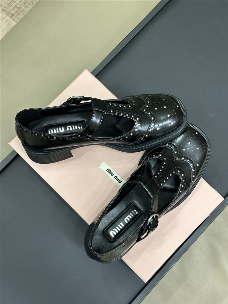 Miu Miu Brushed Leather T-Strap Brogue Shoes Black