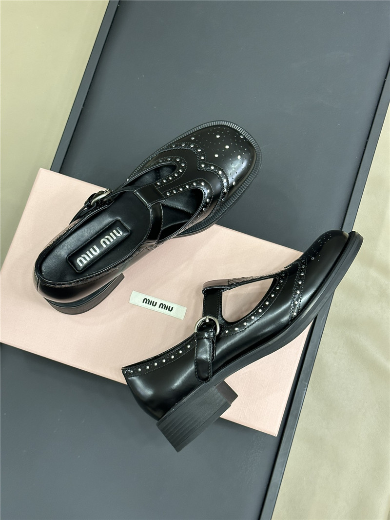 Miu Miu Brushed Leather T-Strap Brogue Shoes Black