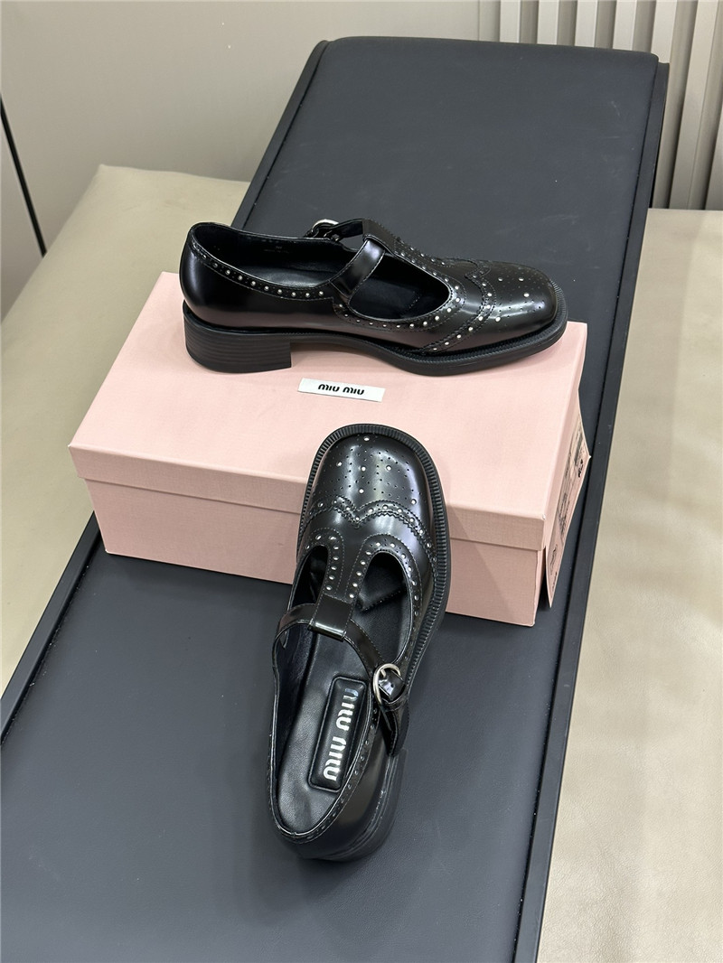 Miu Miu Brushed Leather T-Strap Brogue Shoes Black