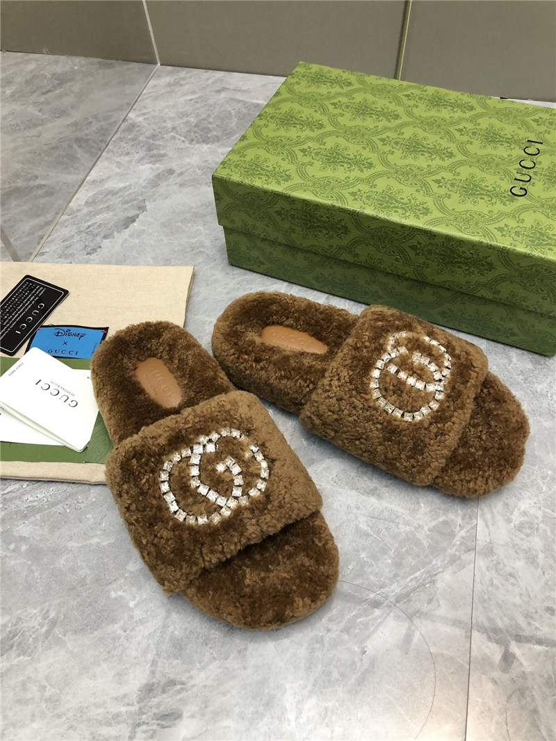 Gvc*1 rhinestone gg shearling slides brown
