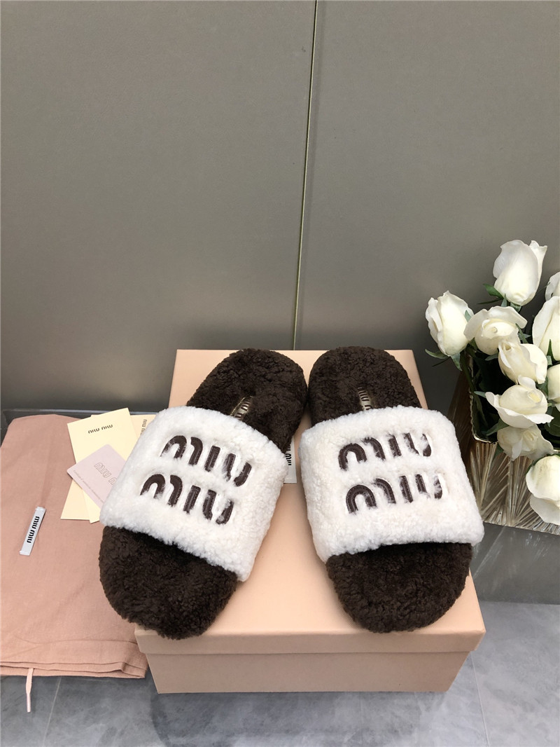 Miu Miu Lettering Logo Shearling Slides White and Brown