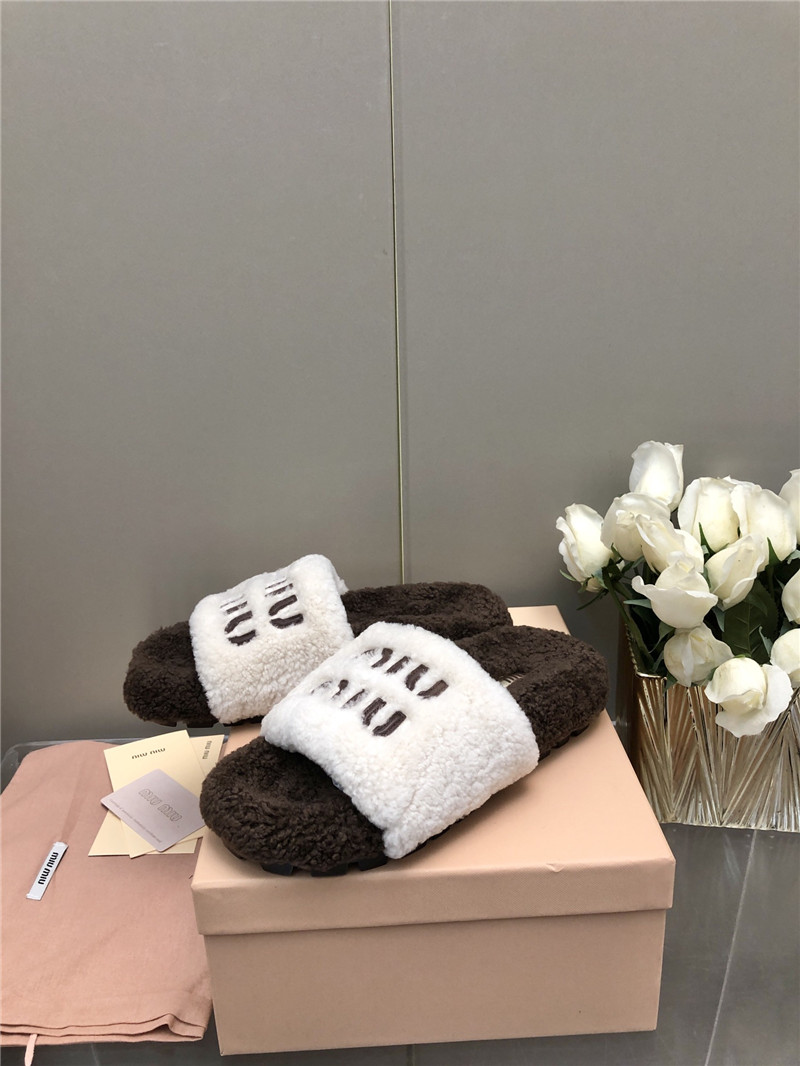 Miu Miu Lettering Logo Shearling Slides White and Brown