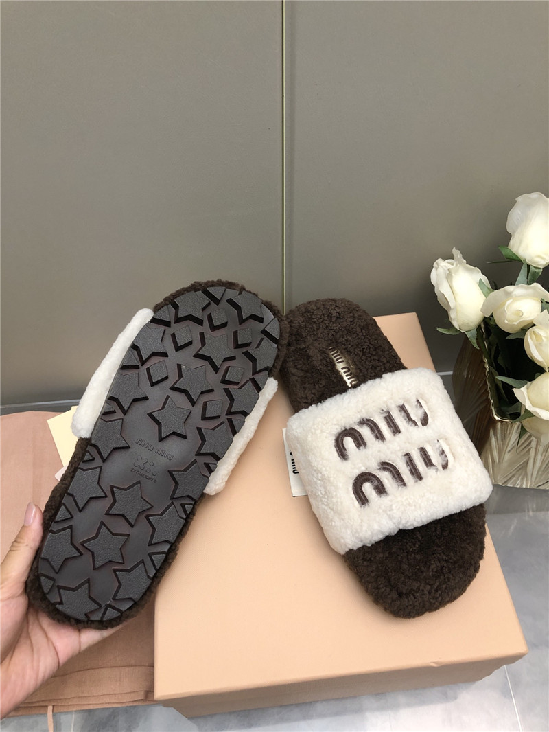 Miu Miu Lettering Logo Shearling Slides White and Brown