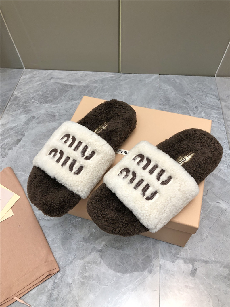 Miu Miu Lettering Logo Shearling Slides White and Brown