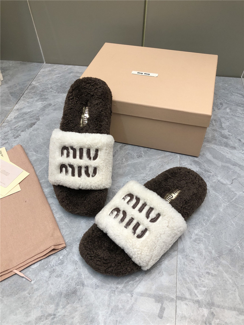 Miu Miu Lettering Logo Shearling Slides White and Brown