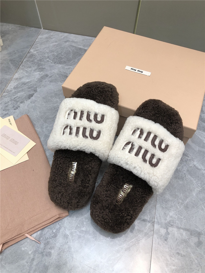 Miu Miu Lettering Logo Shearling Slides White and Brown