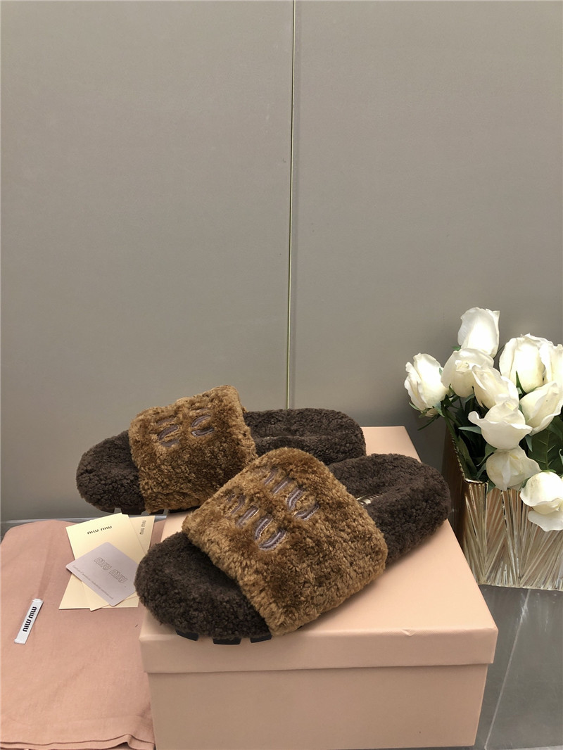 Miu Miu Lettering Logo Shearling Slides Camel and Brown