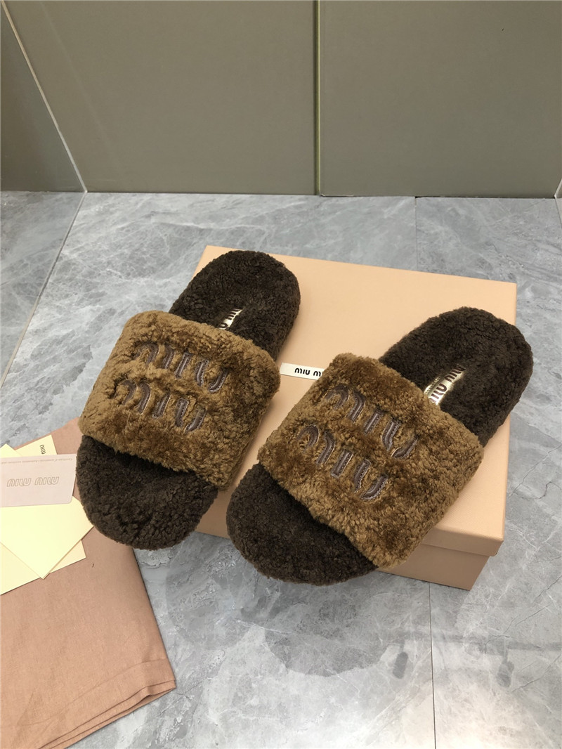 Miu Miu Lettering Logo Shearling Slides Camel and Brown