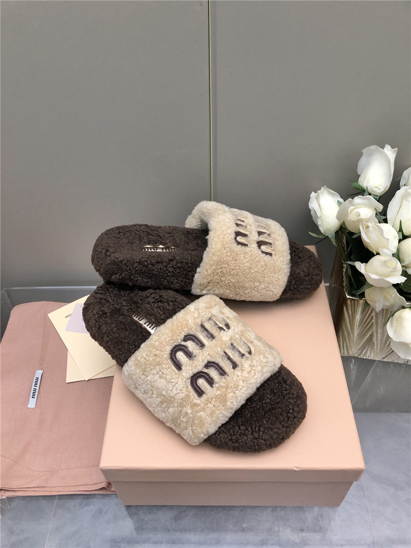 Miu Miu Lettering Logo Shearling Slides Natural and Brown