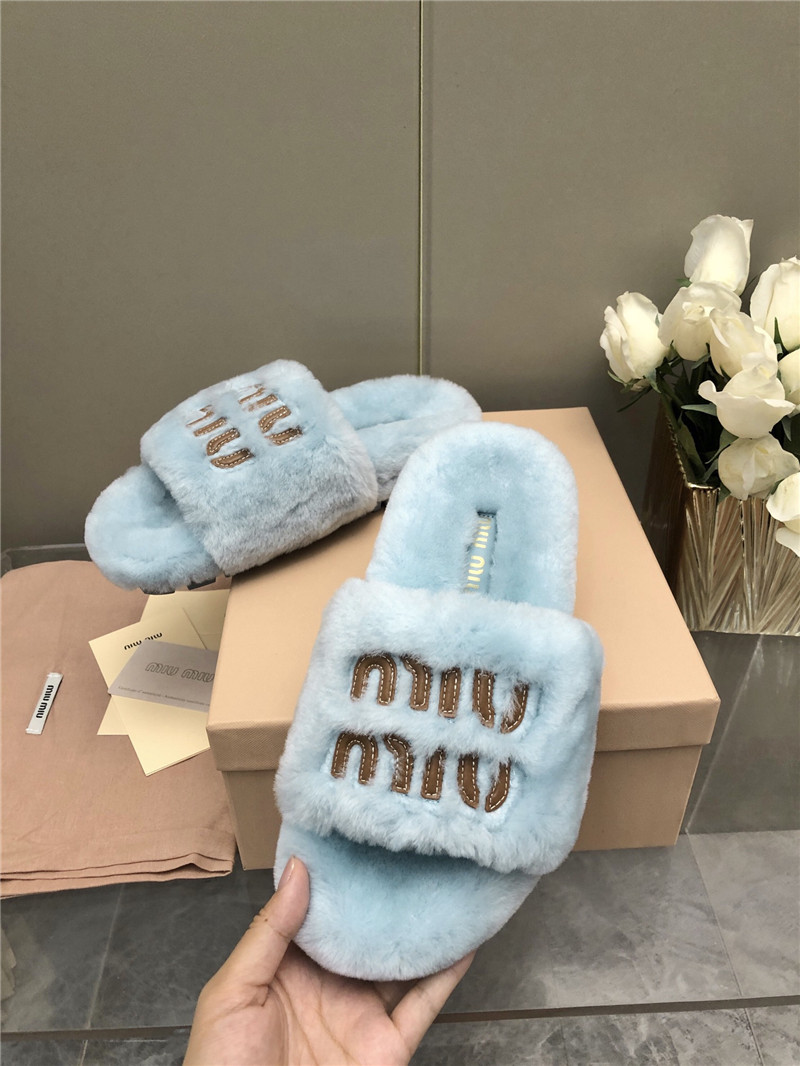 Miu Miu Lettering Logo Shearling Slides Blue