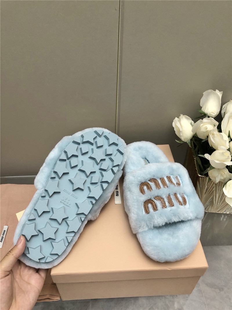 Miu Miu Lettering Logo Shearling Slides Blue